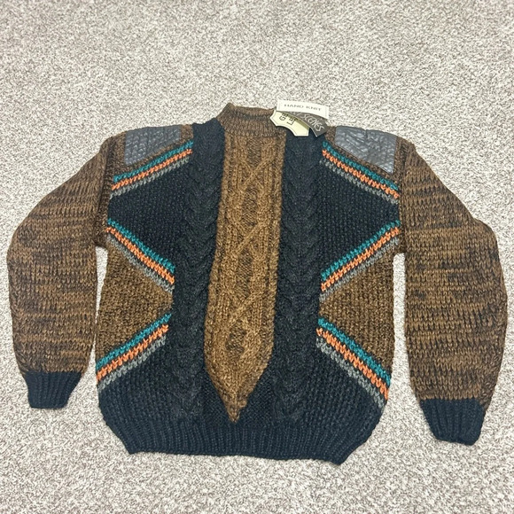 Street Scenes Other - Vintage Street Scenes Men’s Sweater Leather Patches size XL Cable Knit Geometric